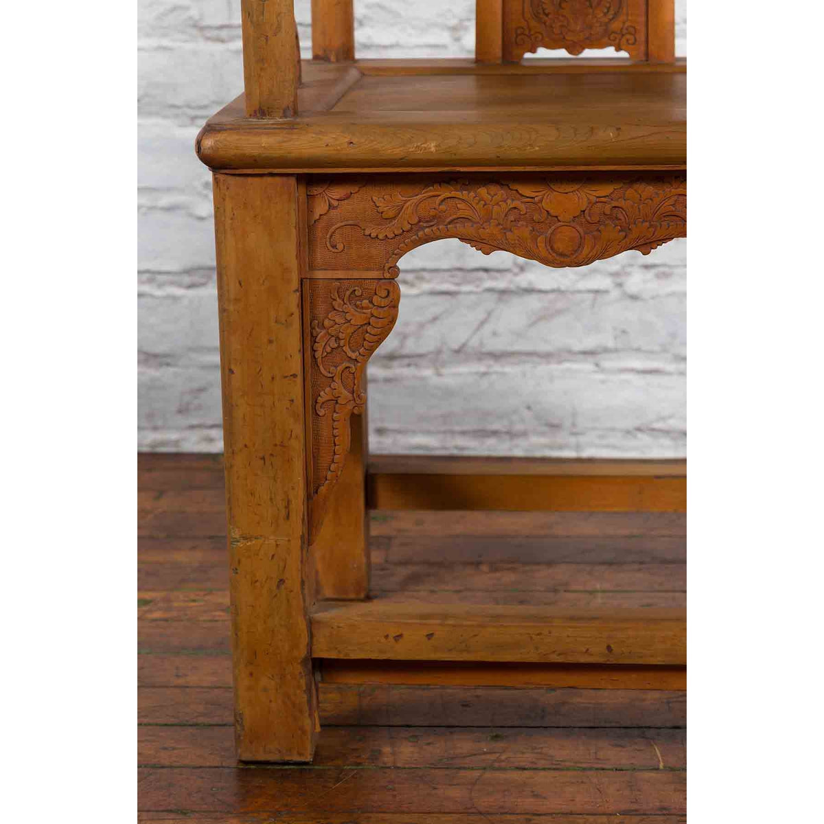 Chinese 19th Century Qing Dynasty Elm Armchair with Carved Traditional Motifs-9. Asian &amp; Chinese Furniture, Art, Antiques, Vintage Home Décor for sale at FEA Home