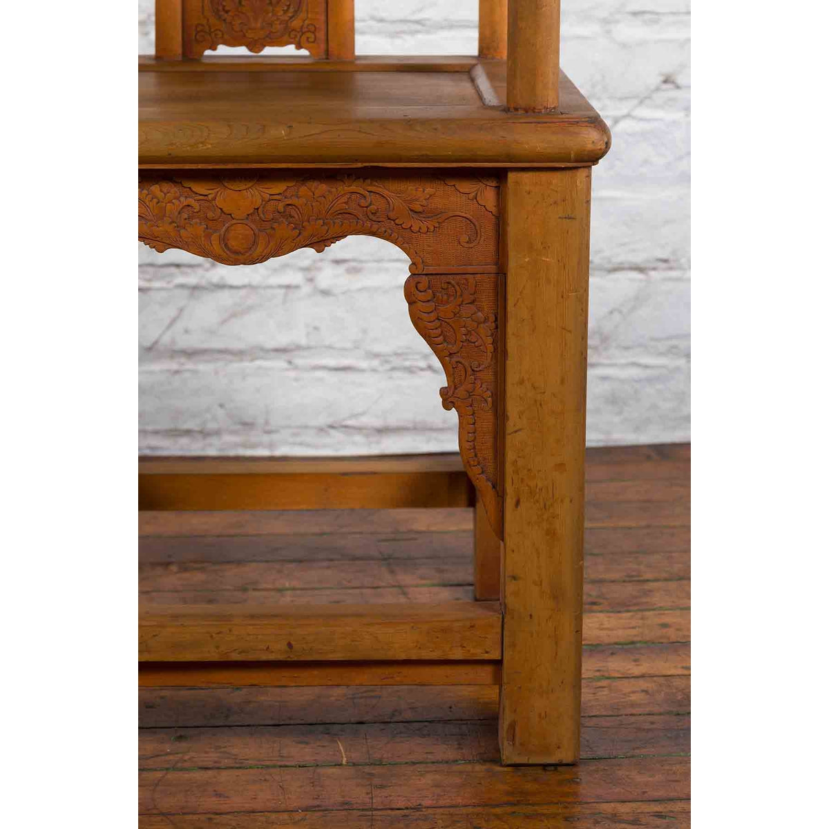 Chinese 19th Century Qing Dynasty Elm Armchair with Carved Traditional Motifs-10. Asian &amp; Chinese Furniture, Art, Antiques, Vintage Home Décor for sale at FEA Home