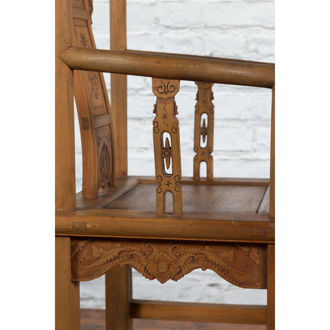 Chinese 19th Century Qing Dynasty Elm Armchair with Carved Traditional Motifs-18. Asian & Chinese Furniture, Art, Antiques, Vintage Home Décor for sale at FEA Home