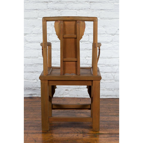 Chinese 19th Century Qing Dynasty Elm Armchair with Carved Traditional Motifs-19. Asian & Chinese Furniture, Art, Antiques, Vintage Home Décor for sale at FEA Home