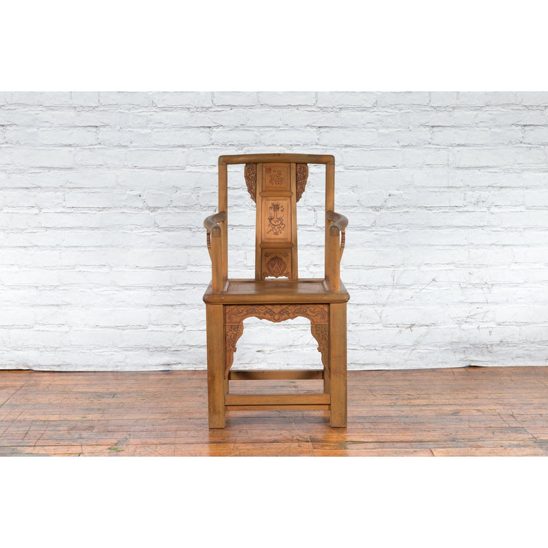 Chinese 19th Century Qing Dynasty Elm Armchair with Carved Traditional Motifs-YN4110B-2. Asian & Chinese Furniture, Art, Antiques, Vintage Home Décor for sale at FEA Home