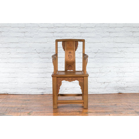 Chinese 19th Century Qing Dynasty Elm Armchair with Carved Traditional Motifs-2. Asian & Chinese Furniture, Art, Antiques, Vintage Home Décor for sale at FEA Home