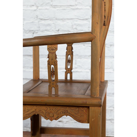 Chinese 19th Century Qing Dynasty Elm Armchair with Carved Traditional Motifs-YN4110B-21. Asian & Chinese Furniture, Art, Antiques, Vintage Home Décor for sale at FEA Home