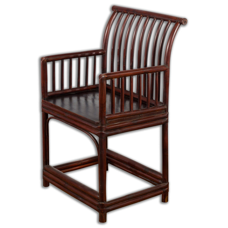 Chinese Qing Dynasty 19th Century Curved Stickback Dark Brown Lacquered Armchair-1. Asian & Chinese Furniture, Art, Antiques, Vintage Home Décor for sale at FEA Home
