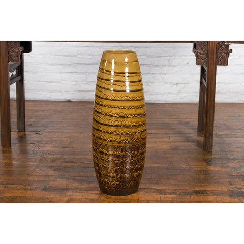 Prem Collection Thai Artisan Yellow and Brown Ceramic Vase with Spiraling Décor-YN4156-3. Asian & Chinese Furniture, Art, Antiques, Vintage Home Décor for sale at FEA Home