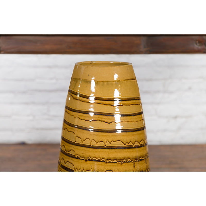 Prem Collection Thai Artisan Yellow and Brown Ceramic Vase with Spiraling Décor-YN4156-8. Asian & Chinese Furniture, Art, Antiques, Vintage Home Décor for sale at FEA Home