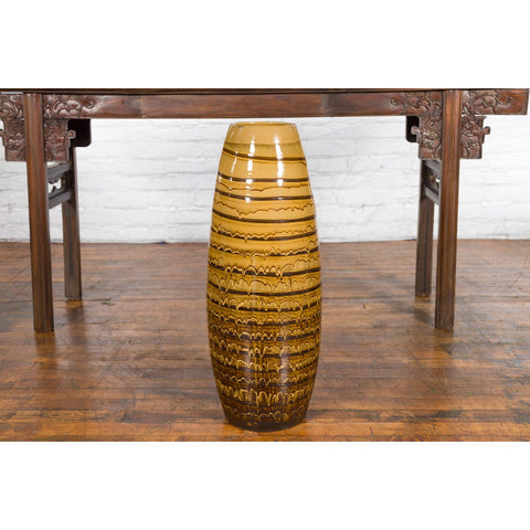 Prem Collection Thai Artisan Yellow and Brown Ceramic Vase with Spiraling Décor-YN4156-6. Asian & Chinese Furniture, Art, Antiques, Vintage Home Décor for sale at FEA Home