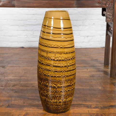 Prem Collection Thai Artisan Yellow and Brown Ceramic Vase with Spiraling Décor-YN4156-2. Asian & Chinese Furniture, Art, Antiques, Vintage Home Décor for sale at FEA Home