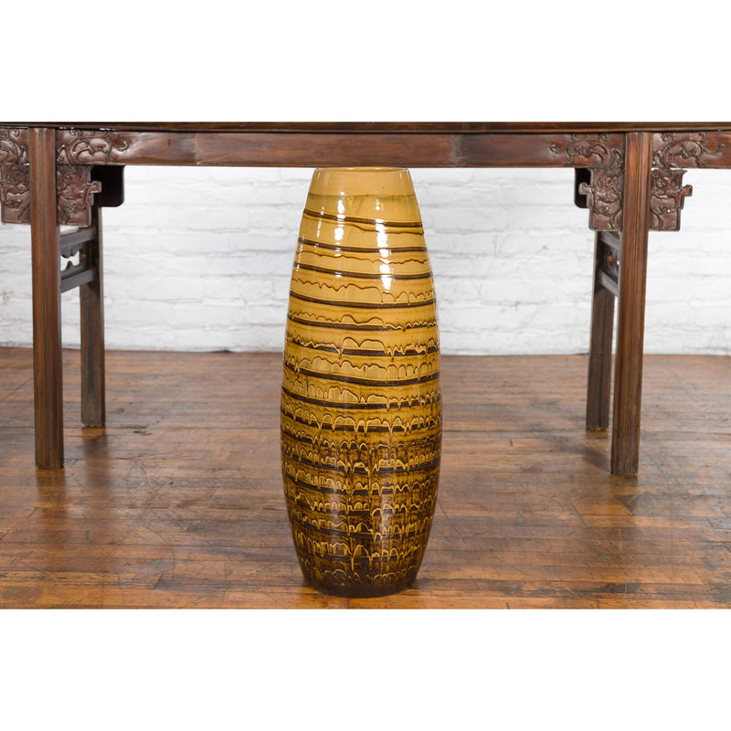 Prem Collection Thai Artisan Yellow and Brown Ceramic Vase with Spiraling Décor-YN4156-7. Asian & Chinese Furniture, Art, Antiques, Vintage Home Décor for sale at FEA Home