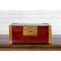 Chinese Vintage Red Lacquer Document Box with Cutout Brass Details