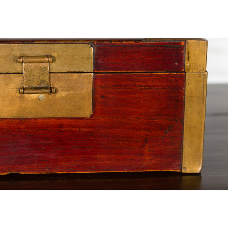 Chinese Vintage Red Lacquer Document Box with Cutout Brass Details