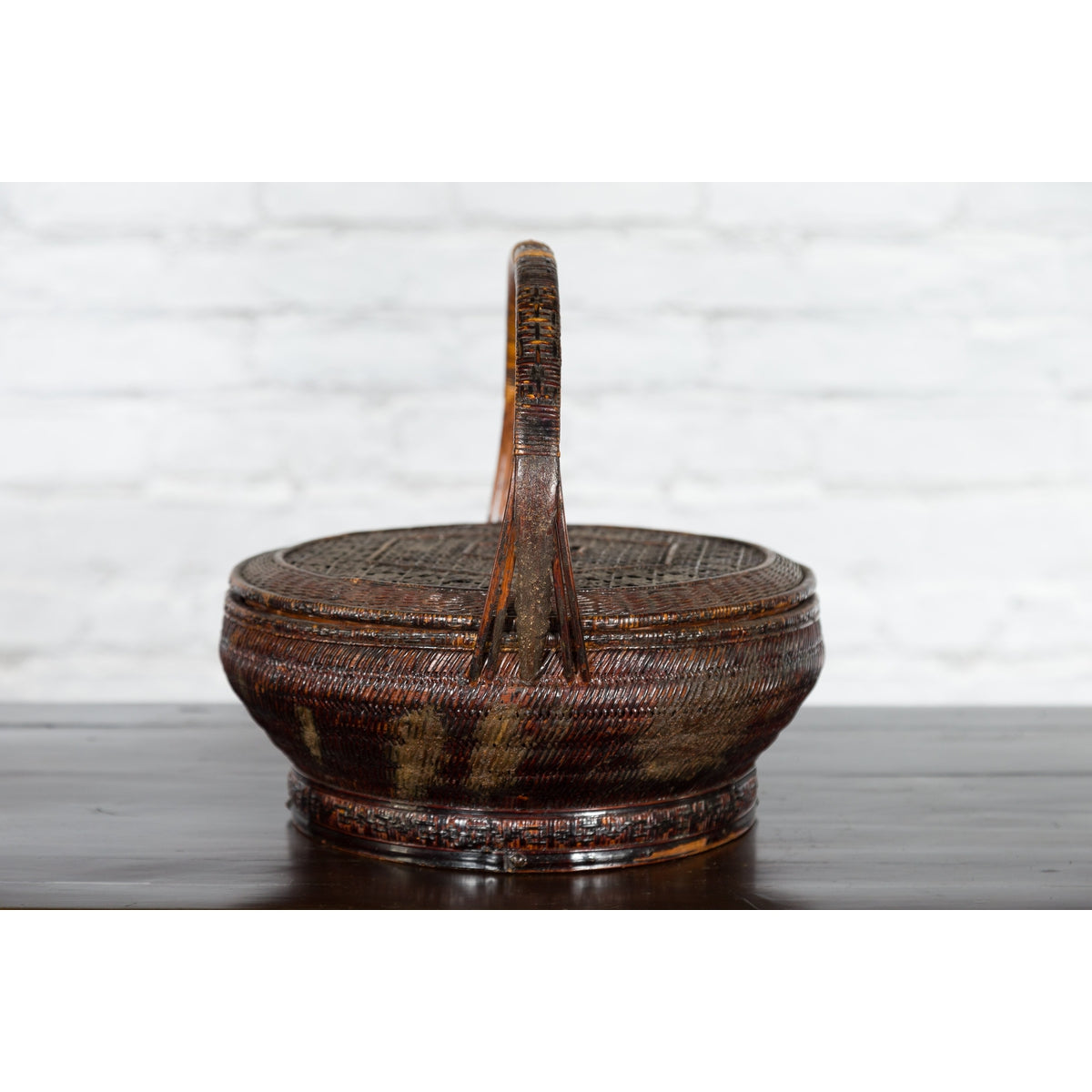 19th Century Chinese Qing Dynasty Handwoven Rattan and Bamboo Basket with Handle-11. Asian &amp; Chinese Furniture, Art, Antiques, Vintage Home Décor for sale at FEA Home