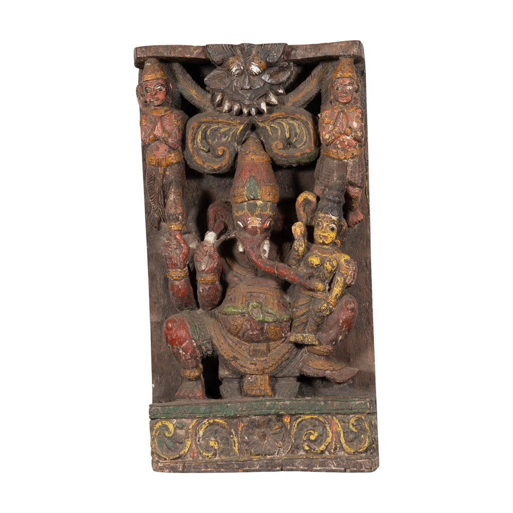 19th Century Indian Multicolor Temple Carving Depicting Ganesha with Consort