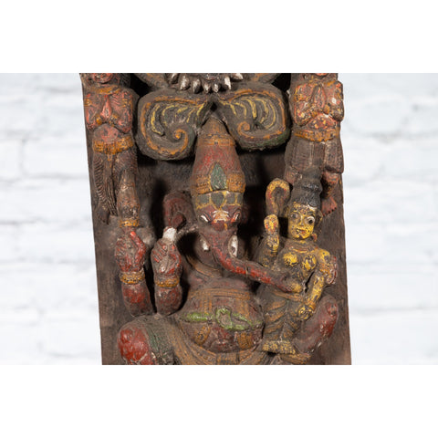 19th Century Indian Multicolor Temple Carving Depicting Ganesha with Consort