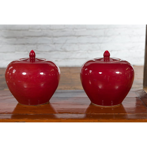 Pair of Chinese Vintage Jars with Oxblood Finish and Petite Lids-YN432-10. Asian & Chinese Furniture, Art, Antiques, Vintage Home Décor for sale at FEA Home