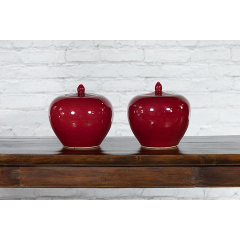 Pair of Chinese Vintage Jars with Oxblood Finish and Petite Lids-YN432-2. Asian & Chinese Furniture, Art, Antiques, Vintage Home Décor for sale at FEA Home