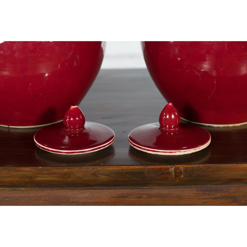 Pair of Chinese Vintage Jars with Oxblood Finish and Petite Lids-YN432-4. Asian & Chinese Furniture, Art, Antiques, Vintage Home Décor for sale at FEA Home