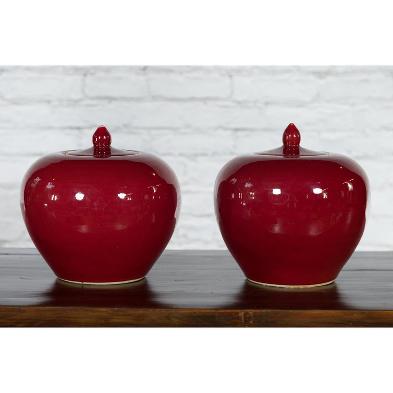 Pair of Chinese Vintage Jars with Oxblood Finish and Petite Lids-YN432-5. Asian & Chinese Furniture, Art, Antiques, Vintage Home Décor for sale at FEA Home