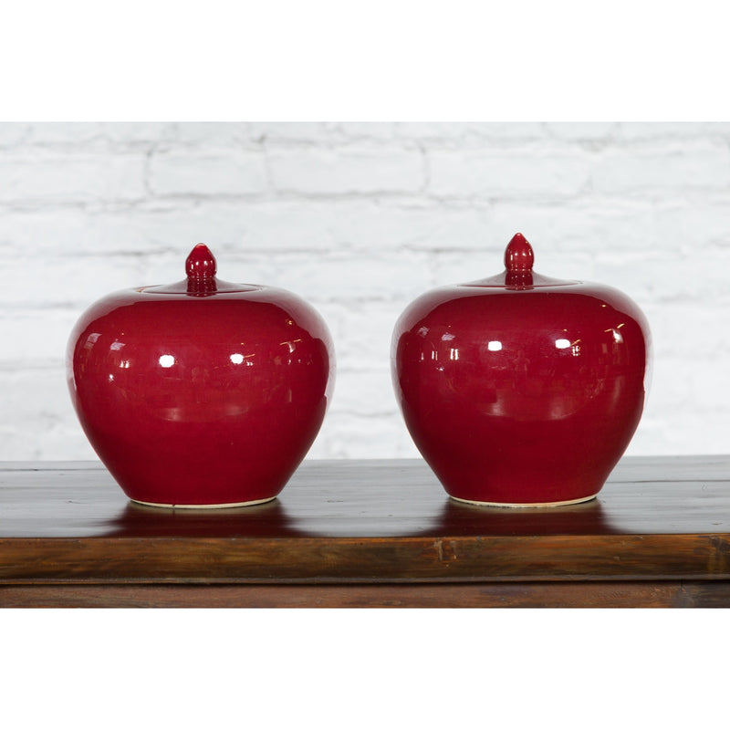 Pair of Chinese Vintage Jars with Oxblood Finish and Petite Lids-YN432-8. Asian & Chinese Furniture, Art, Antiques, Vintage Home Décor for sale at FEA Home