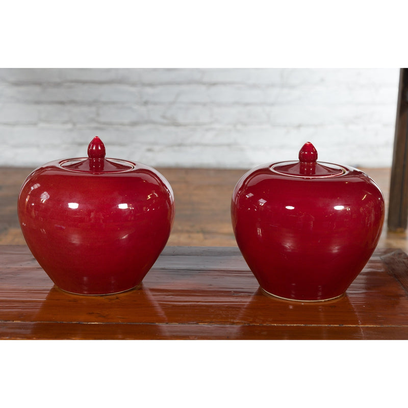 Pair of Chinese Vintage Jars with Oxblood Finish and Petite Lids-YN432-9. Asian & Chinese Furniture, Art, Antiques, Vintage Home Décor for sale at FEA Home