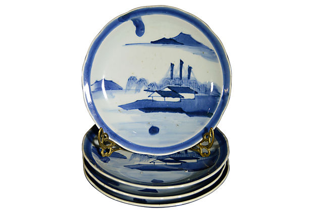 Set of 4 Antique Blue & White Plates-1. Asian & Chinese Furniture, Art, Antiques, Vintage Home Décor for sale at FEA Home