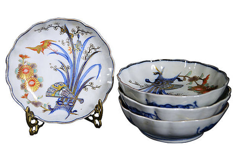 Set of 4 Antique Hand Painted Japanese Imari Porcelain Bowl- Asian Antiques, Vintage Home Decor & Chinese Furniture - FEA Home