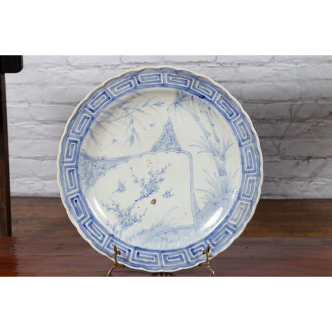19th Century Japanese Porcelain Plate with Blue and White Bird and Bamboo Motifs