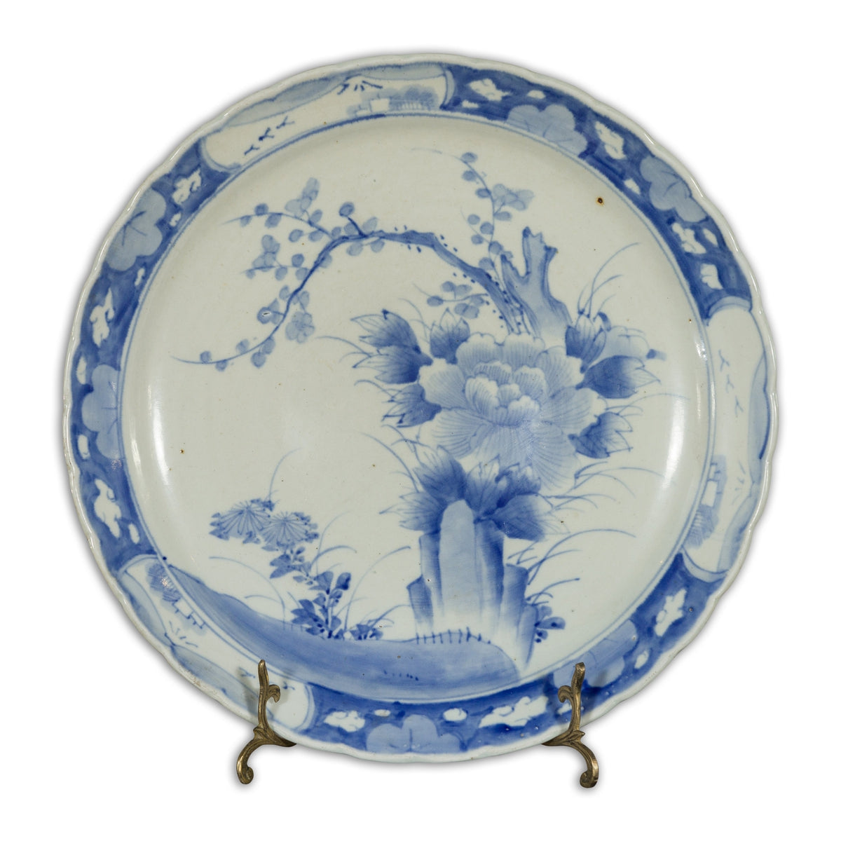 19th Century Japanese Porcelain Plate with Painted Blue and White Tree Décor-1. Asian & Chinese Furniture, Art, Antiques, Vintage Home Décor for sale at FEA Home