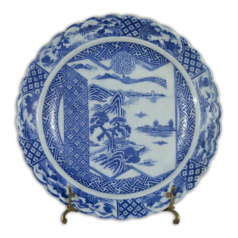 Japanese 19th Century Blue and White Porcelain Plate with Landscapes and Flowers-YN4788-1. Asian & Chinese Furniture, Art, Antiques, Vintage Home Décor for sale at FEA Home