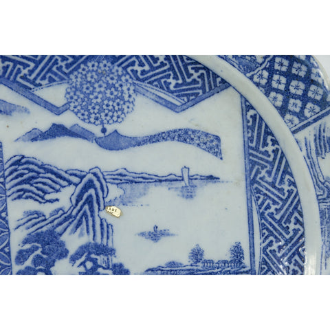 Japanese 19th Century Blue and White Porcelain Plate with Landscapes and Flowers
