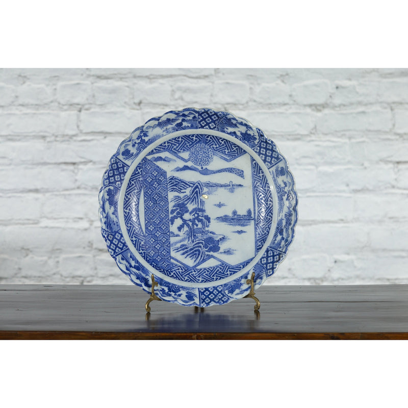 Japanese 19th Century Blue and White Porcelain Plate with Landscapes and Flowers-YN4788-2. Asian & Chinese Furniture, Art, Antiques, Vintage Home Décor for sale at FEA Home
