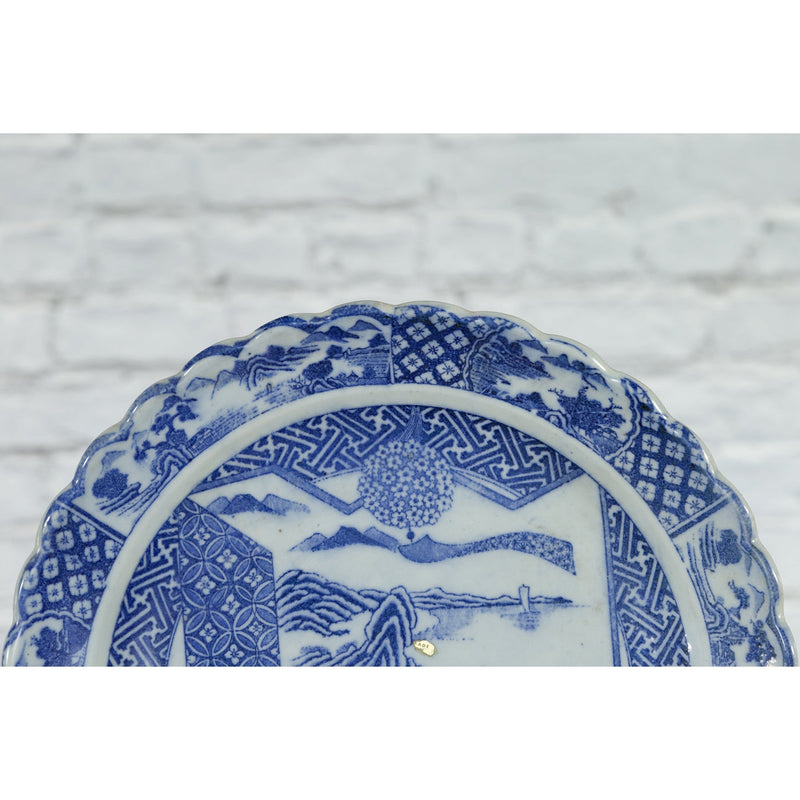 Japanese 19th Century Blue and White Porcelain Plate with Landscapes and Flowers-YN4788-4. Asian & Chinese Furniture, Art, Antiques, Vintage Home Décor for sale at FEA Home