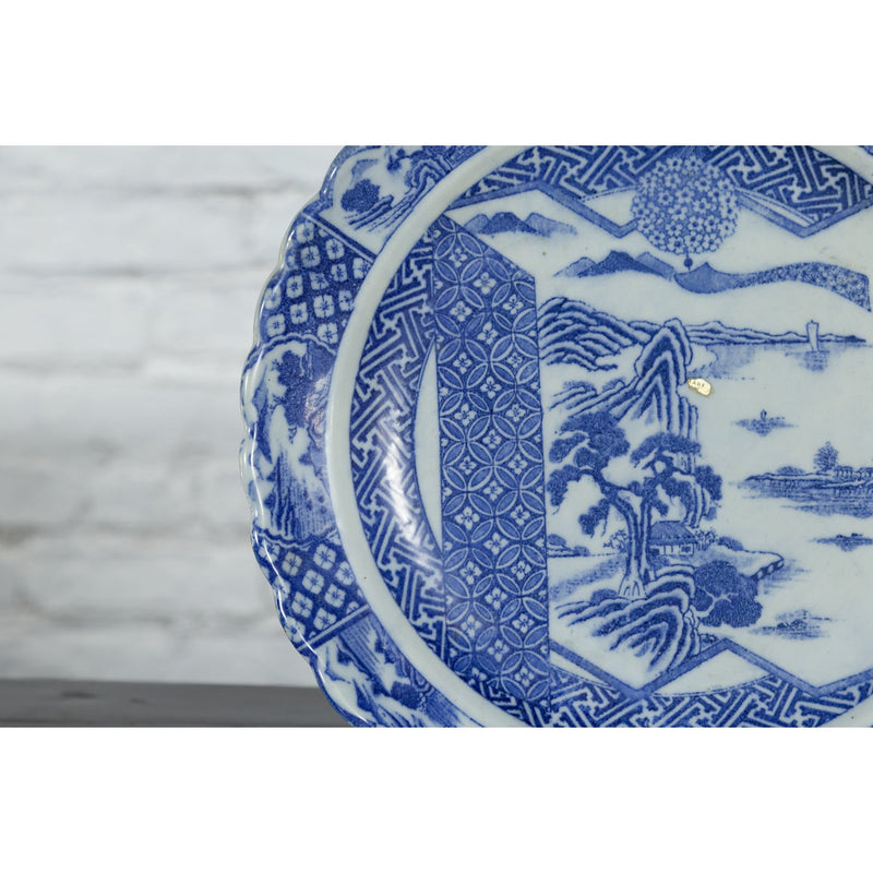 Japanese 19th Century Blue and White Porcelain Plate with Landscapes and Flowers-YN4788-7. Asian & Chinese Furniture, Art, Antiques, Vintage Home Décor for sale at FEA Home