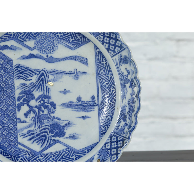 Japanese 19th Century Blue and White Porcelain Plate with Landscapes and Flowers-YN4788-8. Asian & Chinese Furniture, Art, Antiques, Vintage Home Décor for sale at FEA Home