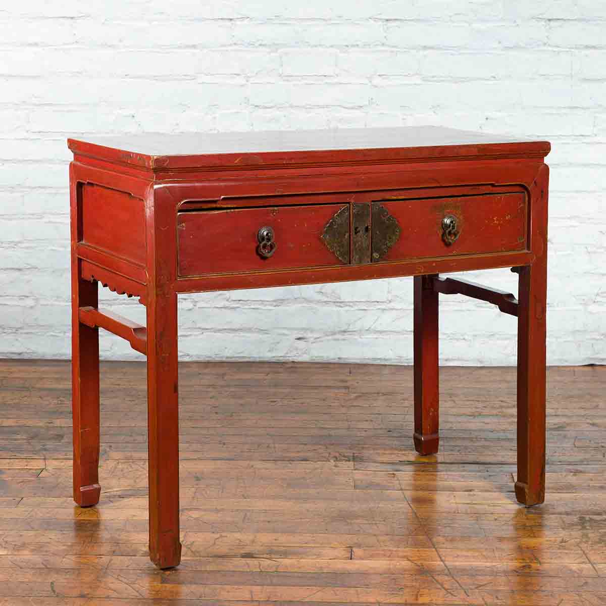 Chinese Red Lacquer Early 20th Century Two Drawer Desk with Brass Hardware-2. Asian & Chinese Furniture, Art, Antiques, Vintage Home Décor for sale at FEA Home