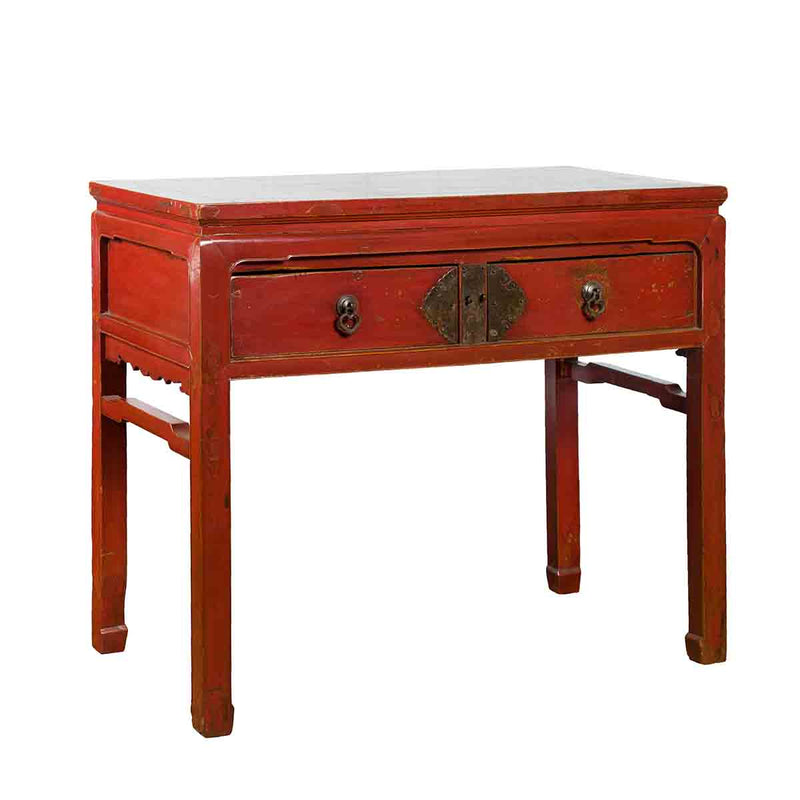 Chinese Red Lacquer Early 20th Century Two Drawer Desk with Brass Hardware- Asian Antiques, Vintage Home Decor & Chinese Furniture - FEA Home