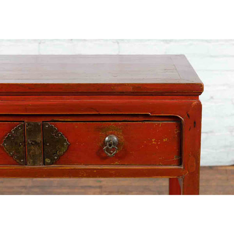 Chinese Red Lacquer Early 20th Century Two Drawer Desk with Brass Hardware