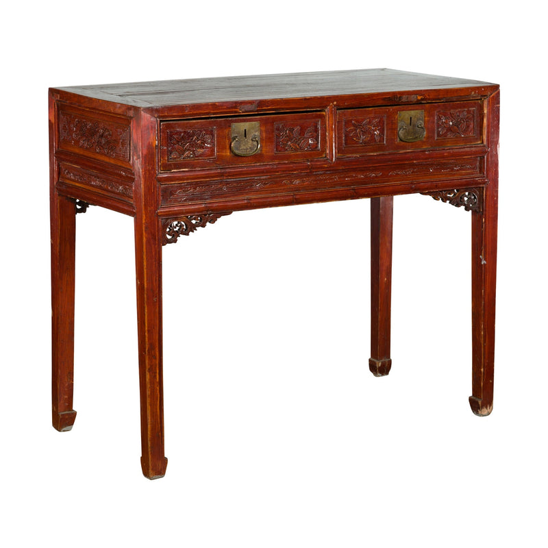 Chinese Qing Dynasty Period 19th Century Reddish Brown Table with Two Drawers-YN4979-1. Asian & Chinese Furniture, Art, Antiques, Vintage Home Décor for sale at FEA Home