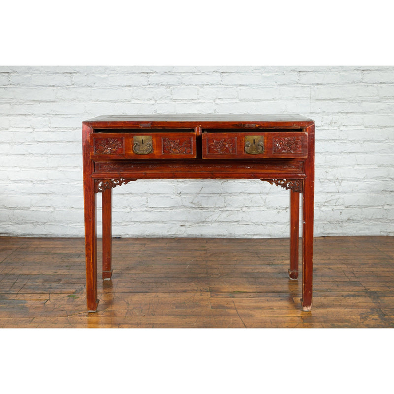 Chinese Qing Dynasty Period 19th Century Reddish Brown Table with Two Drawers-YN4979-12. Asian & Chinese Furniture, Art, Antiques, Vintage Home Décor for sale at FEA Home