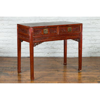 Chinese Qing Dynasty Period 19th Century Reddish Brown Table with Two Drawers