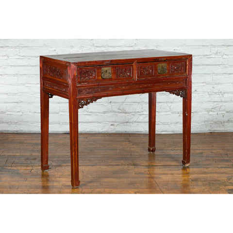Chinese Qing Dynasty Period 19th Century Reddish Brown Table with Two Drawers-YN4979-13. Asian & Chinese Furniture, Art, Antiques, Vintage Home Décor for sale at FEA Home