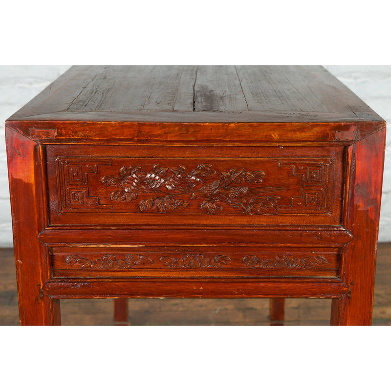 Chinese Qing Dynasty Period 19th Century Reddish Brown Table with Two Drawers-YN4979-15. Asian & Chinese Furniture, Art, Antiques, Vintage Home Décor for sale at FEA Home