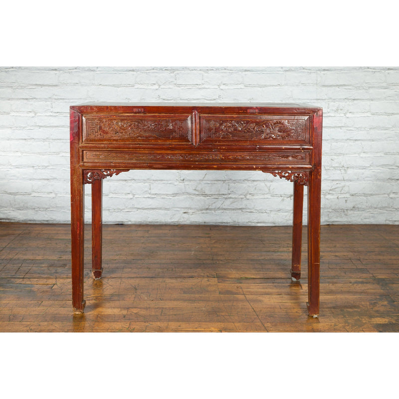 Chinese Qing Dynasty Period 19th Century Reddish Brown Table with Two Drawers-YN4979-17. Asian & Chinese Furniture, Art, Antiques, Vintage Home Décor for sale at FEA Home