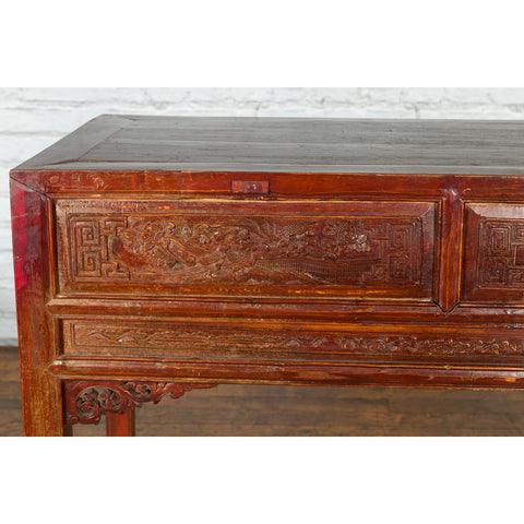 Chinese Qing Dynasty Period 19th Century Reddish Brown Table with Two Drawers-YN4979-18. Asian & Chinese Furniture, Art, Antiques, Vintage Home Décor for sale at FEA Home