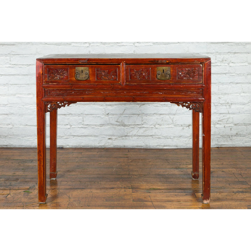 Chinese Qing Dynasty Period 19th Century Reddish Brown Table with Two Drawers-YN4979-2. Asian & Chinese Furniture, Art, Antiques, Vintage Home Décor for sale at FEA Home