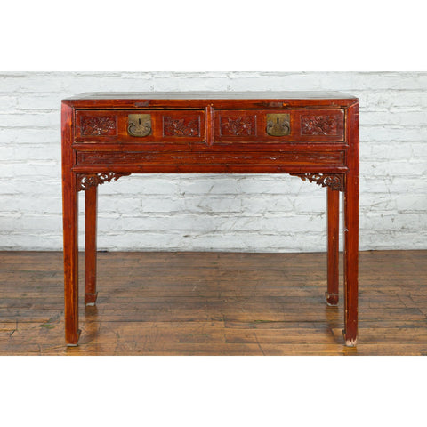 Chinese Qing Dynasty Period 19th Century Reddish Brown Table with Two Drawers