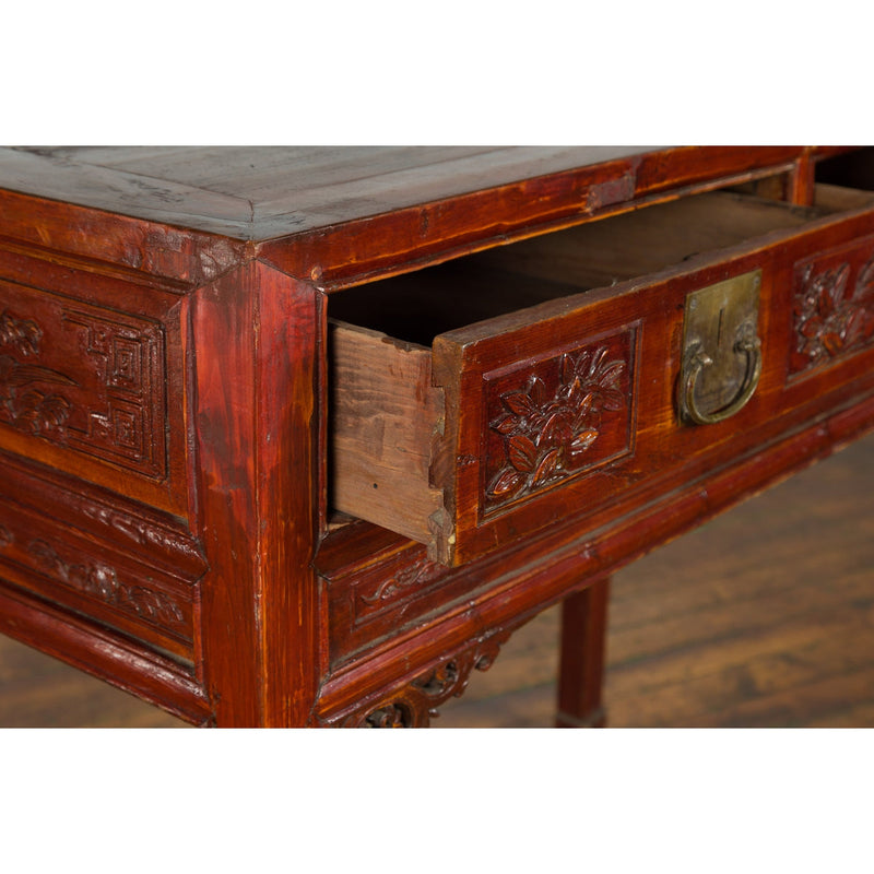 Chinese Qing Dynasty Period 19th Century Reddish Brown Table with Two Drawers-4. Asian & Chinese Furniture, Art, Antiques, Vintage Home Décor for sale at FEA Home