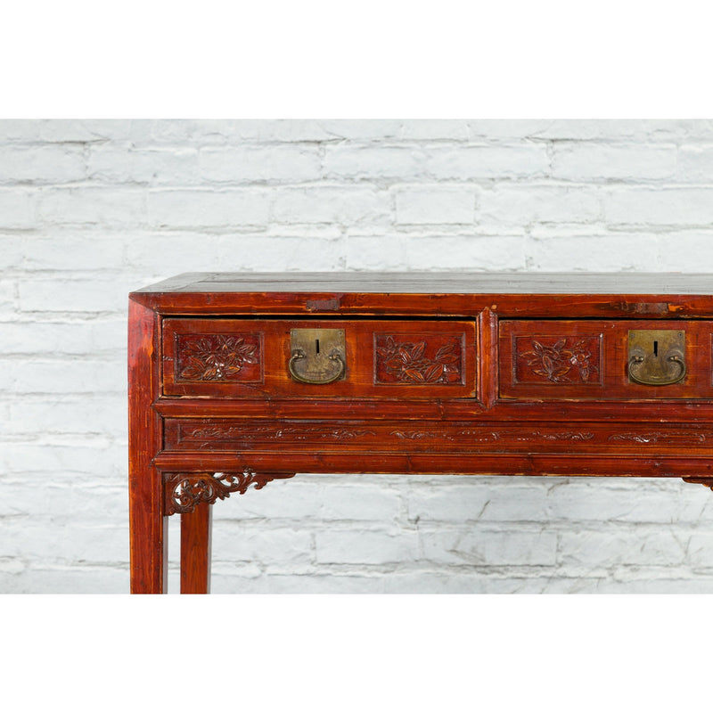 Chinese Qing Dynasty Period 19th Century Reddish Brown Table with Two Drawers-YN4979-5. Asian & Chinese Furniture, Art, Antiques, Vintage Home Décor for sale at FEA Home