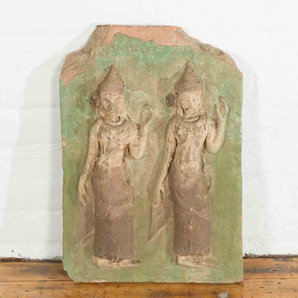 Thai Carved Stone Green Painted Temple Wall Plaque Depicting Ceremonial Dancers-2. Asian & Chinese Furniture, Art, Antiques, Vintage Home Décor for sale at FEA Home