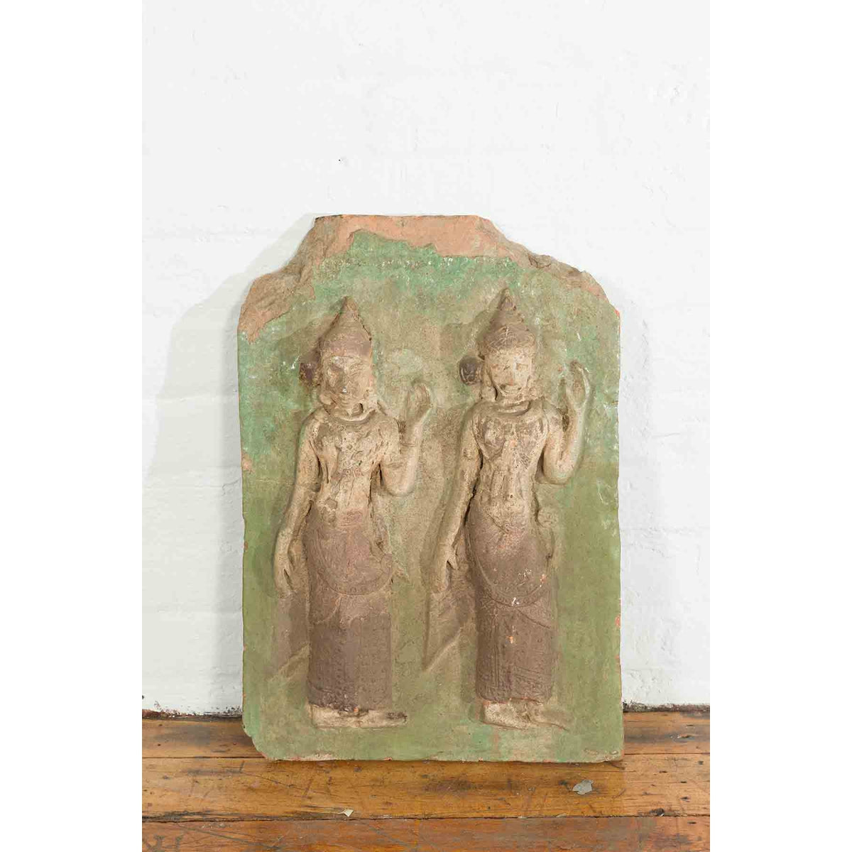 Thai Carved Stone Green Painted Temple Wall Plaque Depicting Ceremonial Dancers-4. Asian &amp; Chinese Furniture, Art, Antiques, Vintage Home Décor for sale at FEA Home